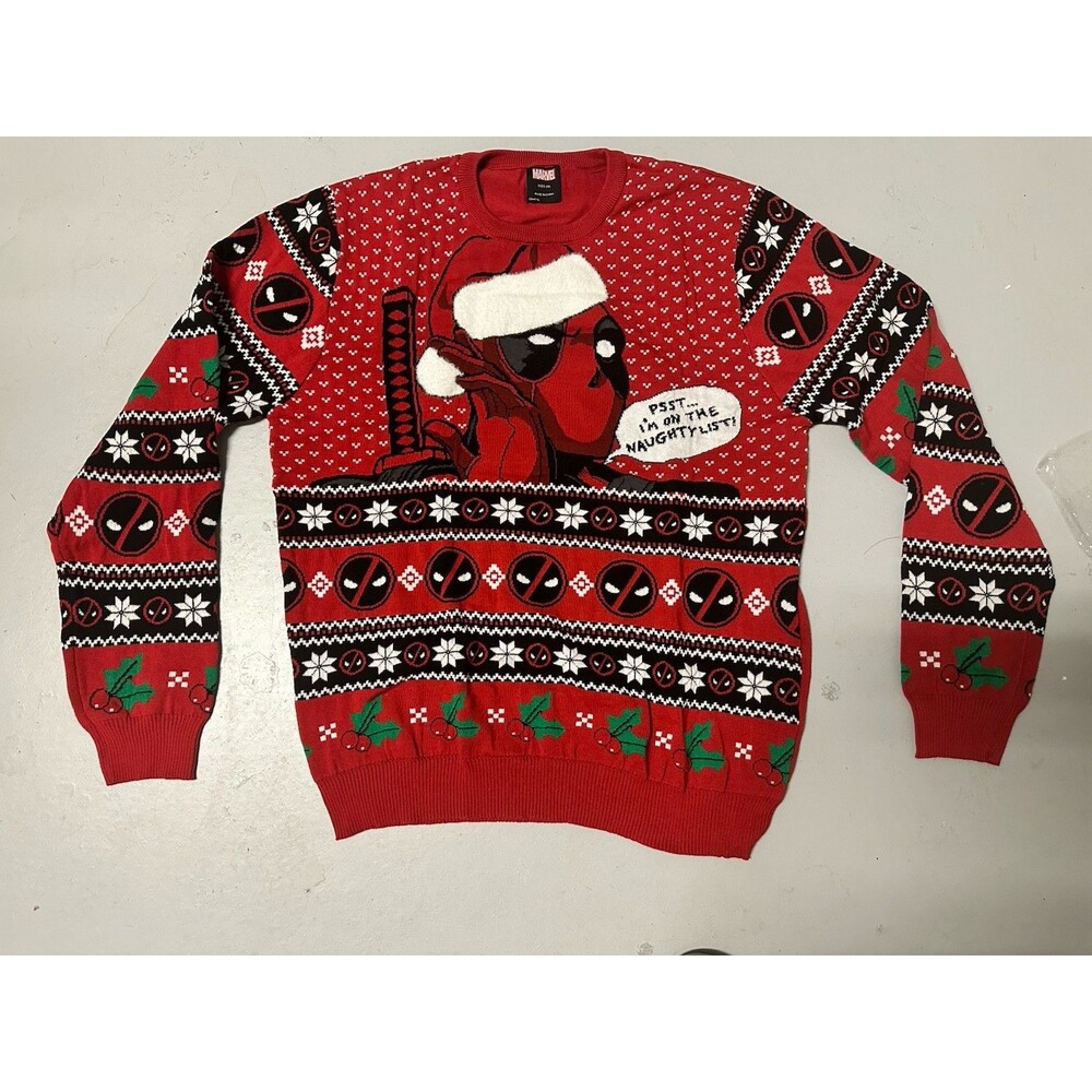 Marvel Deadpool Christmas Sweater Mens XL Ugly Xmas Jumper Naughty Awesome Cond.